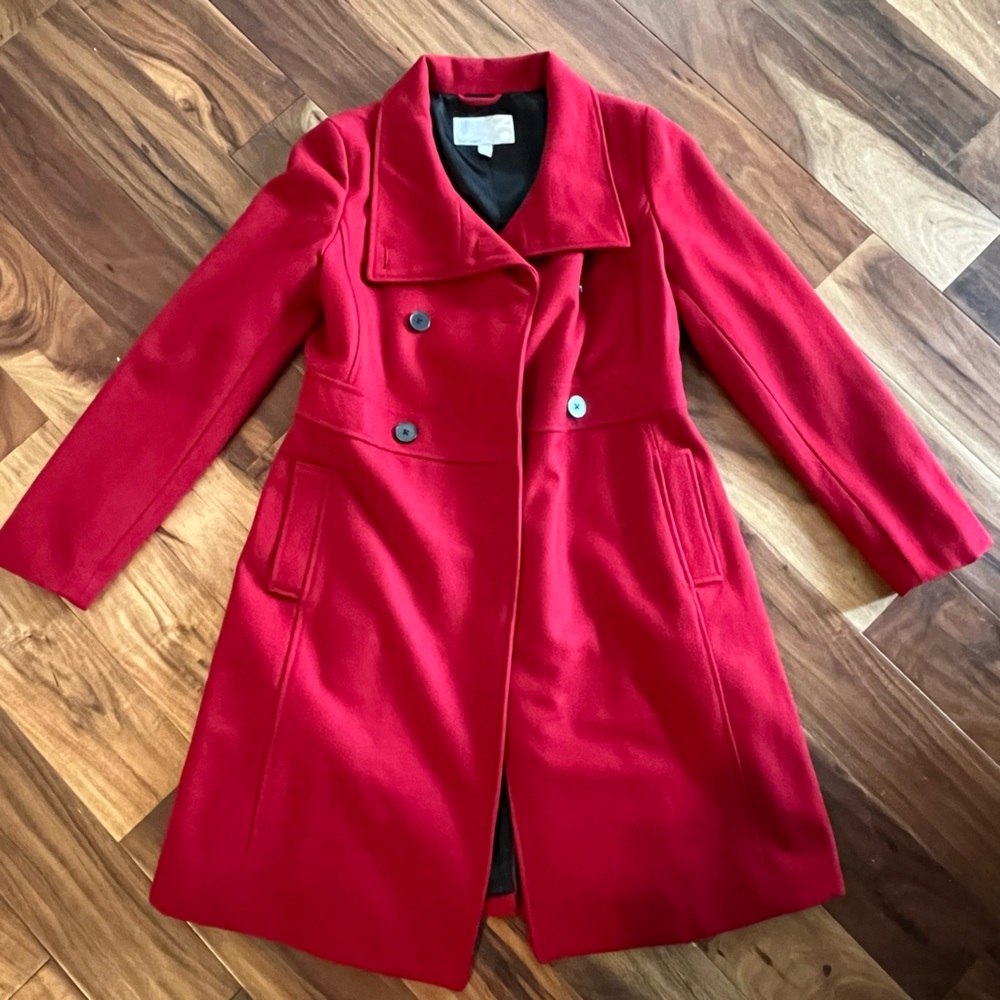 Women’s long, red pea coat – size medium